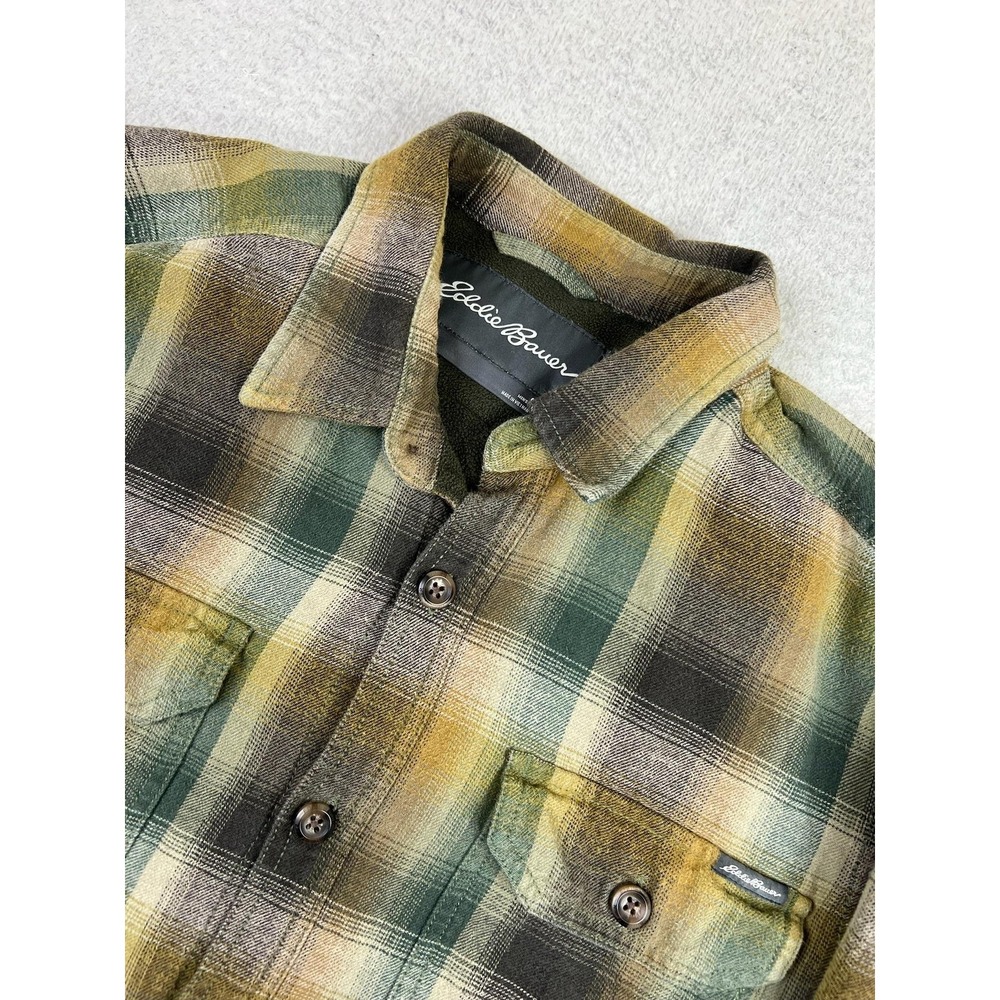Eddie Bauer Mens Small Green Plaid Fleece Lined Flannel Shirt Jacket Shacket